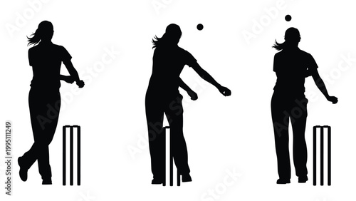 A sequence of silhouettes depicts a female cricket bowler in different stages of her delivery