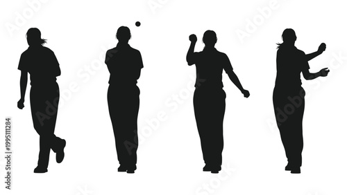 A sequence of silhouettes depicting a woman s bowling action from approach to follow through