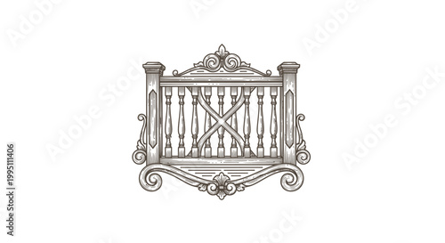 Vintage Engraved Balustrade Design Element, Ornate Architectural Detail
