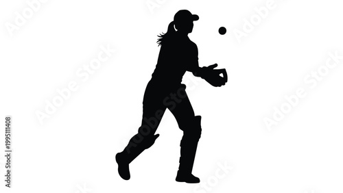 A silhouette of a female softball player preparing to catch a ball in motion