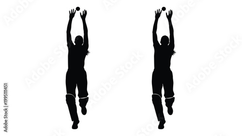 Two silhouettes of a person reaching upwards with balls above their heads