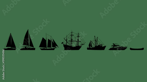 A collection of diverse watercraft silhouettes, showcasing various types of boats and vessels from different eras and purposes.