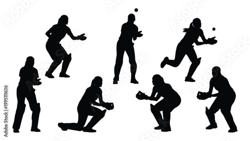 Silhouettes of a women s softball team in various fielding positions during a game