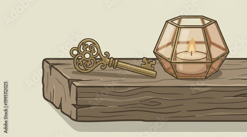 Vintage metal key and a glass candle holder on a wooden shelf