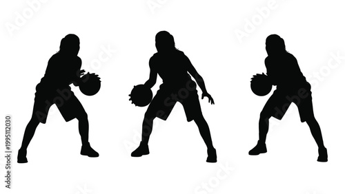 Three cheerleaders in silhouette pose with pompoms demonstrating dynamic athletic stances