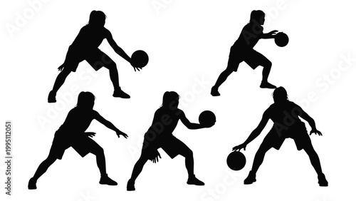 Silhouettes of basketball players in dynamic action poses against a white background