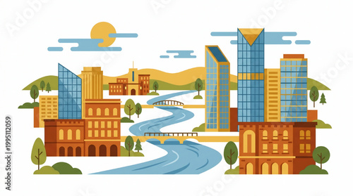 Modern Cityscape with River and Skyscrapers