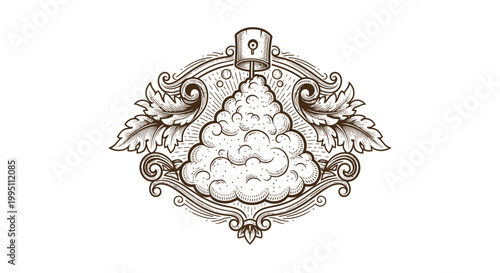 Vintage Engraved Cloud Burst Emblem with Ornate Frame and Leaves