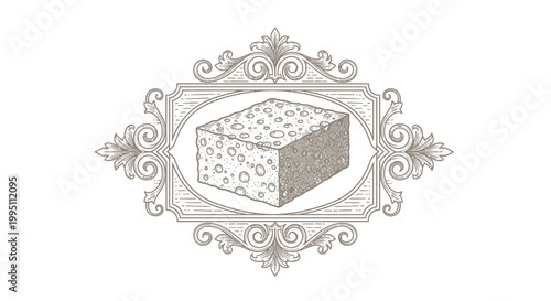 Vintage Engraved Cheese Slice in Ornate Frame Illustration