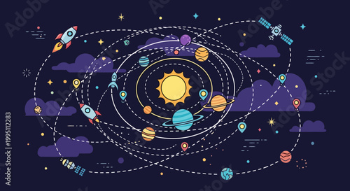 Solar System Planets Orbits and Space Exploration Rockets.