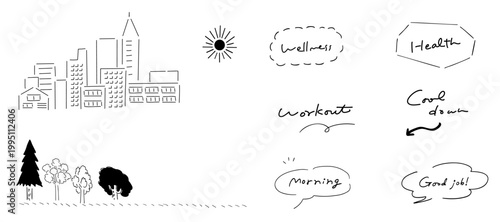 都会と自然_メリハリ_ビル,木々,公園,運動,ウェルネス,ほっと一息_線画｜Urban and nature contrast | buildings, trees, park, wellness,workout,relaxation_Line Art