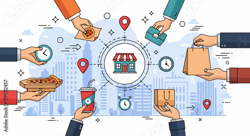 Food delivery service concept with hands holding food and drinks.