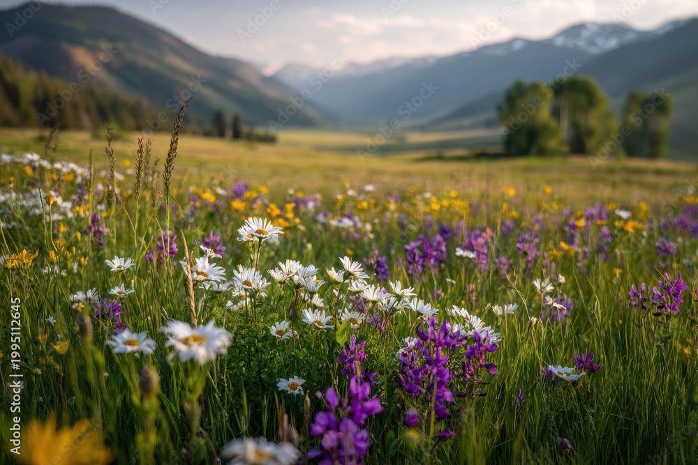 Obraz premium Warm evening light over a green meadow dotted with wildflowers in Colorado foothills