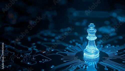 Glowing blue digital chess king on a futuristic circuit board