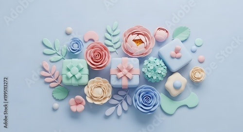 Pastel gift boxes and paper flowers flat lay on blue background.
