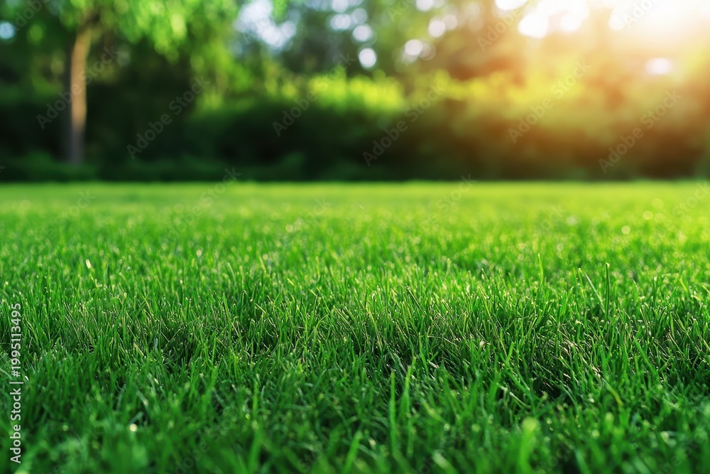 Fototapeta premium Lush Green Grass Field at Sunset with Soft Sunlight rays