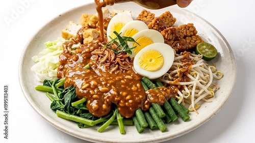Delicious Gado-Gado with Peanut Sauce Being Poured Over Fresh Vegetables and Boiled Eggs.