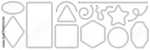 Rope brush frames, set of string borders. Rectangular, round, oval, hexagon, square, triangle, octagon, star shape for nautical, western designs. Black vector illustration isolated on white background