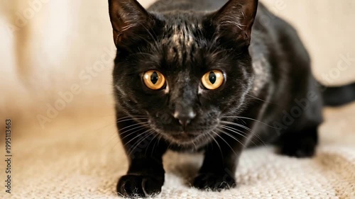 Tracking shot of black domestic cat creeping toward camera on beige couch indoors with slow tilt and subtle zoom