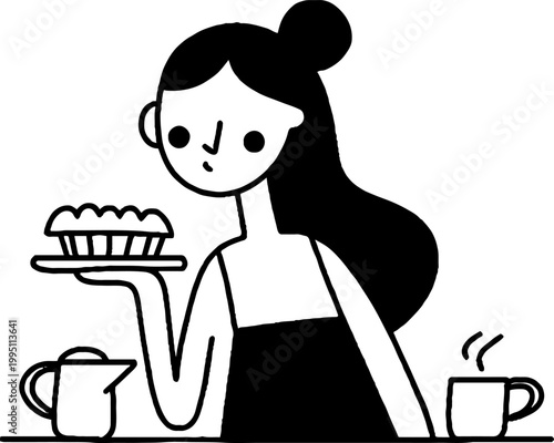 Woman presenting tart while standing at counter with cups