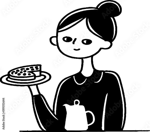 Woman holding pie on plate while seated at table with teapot