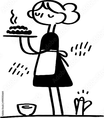 Woman holding steaming pastry while standing in kitchen scene