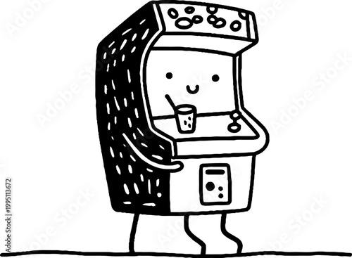 Arcade cabinet holding cup standing on flat ground