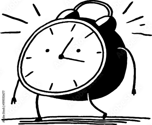 Alarm clock walking across tabletop with ringing motion