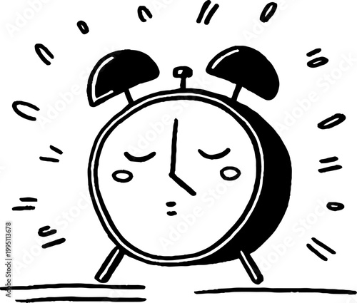 Alarm clock with sleepy face standing on flat surface