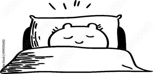 Bed with sleeping character tucked under blanket in room