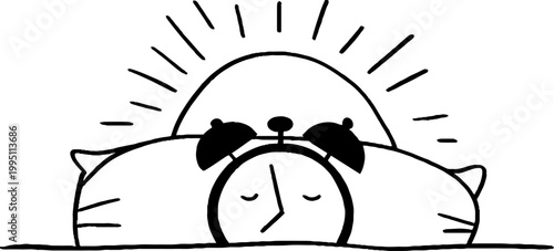 Alarm clock sleeping on pillow with sunrise bedroom setting