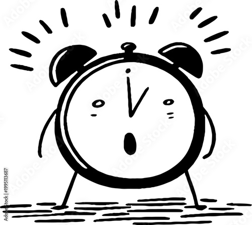 Alarm clock with surprised face ringing on table surface