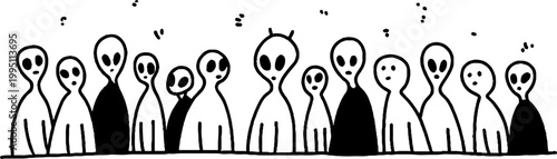 Group of alien figures standing in a row on plain background