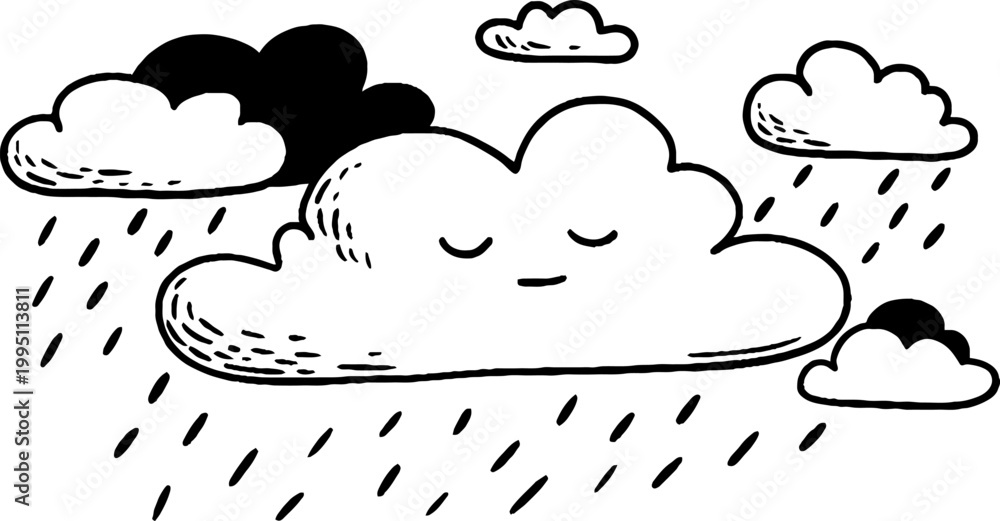 Fototapeta premium Clouds raining with sleepy face in simple sky scene