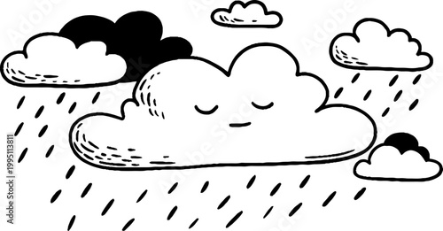 Clouds raining with sleepy face in simple sky scene