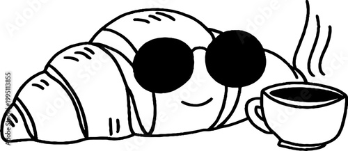 Croissant wearing sunglasses smiling beside steaming coffee cup