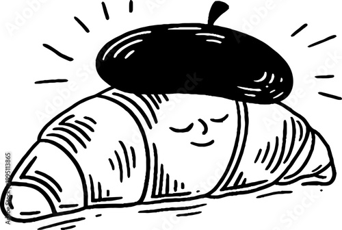 Croissant wearing beret with closed eyes on white background