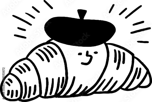 Croissant wearing beret with smiling face on white