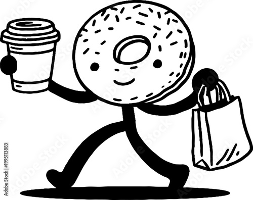 Donut character walking with coffee and shopping bag on ground