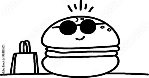 Cartoon burger character wearing sunglasses beside shopping bag