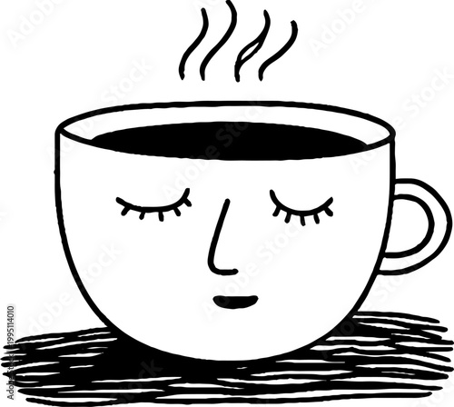 Cup with sleeping face emitting steam on dark tabletop