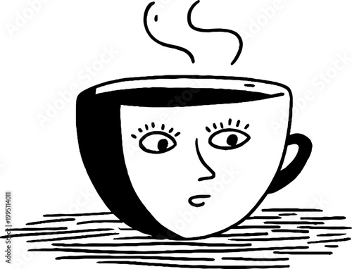 Cup with surprised face steaming on textured table surface