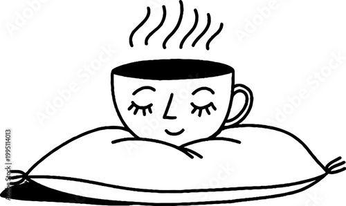 Cup with content face resting on pillow in cozy setting