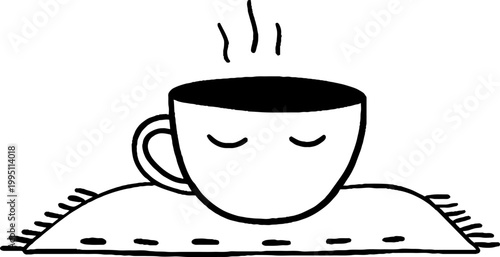 Cup with closed eyes steaming and resting on folded placemat