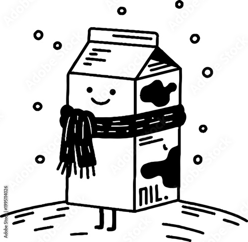 Milk carton character smiling wearing scarf on snow