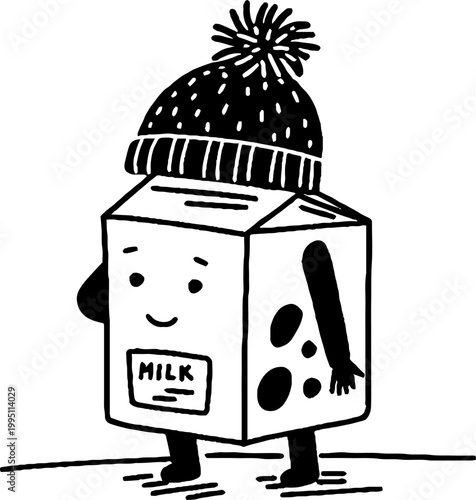Milk carton character walking wearing pompom hat on ground
