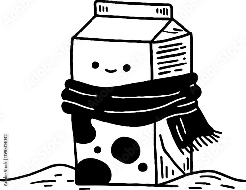 Milk carton character wrapped in scarf on snowy ground