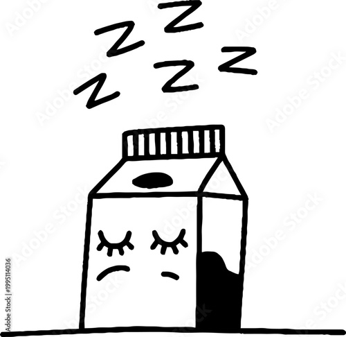 Milk carton displaying sleeping face with zzz marks on table