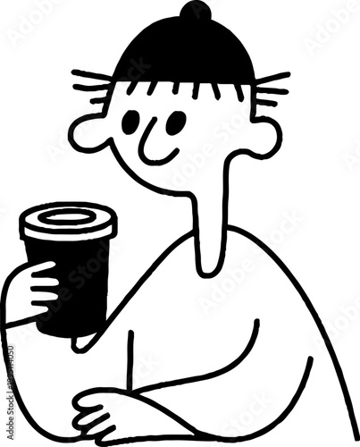 Person wearing beanie holding cup while seated at table indoors