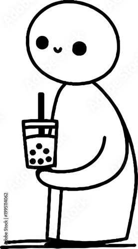 Minimal character holding bubble tea cup in vertical portrait frame
